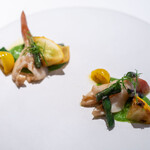 レストラン オオツ - 2025.6 いわき梅田水産ホッキ貝 インゲン豆のピュレ ズッキーニ 美容トマト