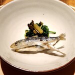 温石 - 揚げた豆鰯とルッコラ蕨のおひたし