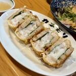 酒とアテと焼魚 カネモリ - 海老と蓮根の挟み揚げ。山芋みたいなつなぎがふわふわです