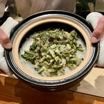日本料理 別府 廣門 - タラの芽天ぷらと炒めとウドのご飯