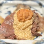 鉄板焼き いわ倉 - 山形牛すき焼き風・笹掻きごぼう・山芋・雲丹載せ
