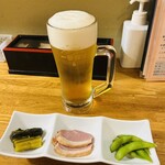 河童 - 料理写真:湯上がりセット　右から野沢菜　鴨肉　枝豆