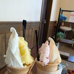 石田牧場のジェラート屋 めぐり - 石田ミルク・湘南ゴールド
　マンダリンオレンジ＆ミルク・いちごソース＆ミルク