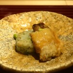 美食S - 天然鮑揚げと枝豆と鮑肝の飯蒸し