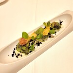 305160738 - 食前のひと口のおもてなし。お店の方の説明を忘れましたが、タコのお料理でした。