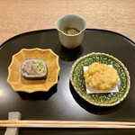 紀尾井町 南かわ - ミニ八寸・鯵太巻き、玉蜀黍かき揚げ、もずくトマト酢