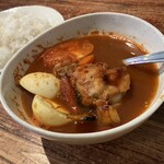 サイのツノ - 薬膳スープカレー＋自家製手羽元煮。
コチラは最初甘口、あとから大辛な仕様でした。
コレは割と刺激的な辛さだったよ。