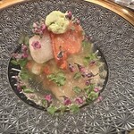 四ッ谷 みね村 - お造り- 天然ホタテ　うるいの梅和え　土佐酢のジュレ