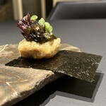 プレゼンテ スギ - 杉寿司 TYPE-R
      　鮑　肝　アールグレイビネガー　リゾット
      　蛤フリット　
      　海苔　手巻き
      