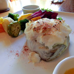 手打ち蕎麦とフレンチの やな木 - ＜2014年9月＞千屋牛の塩釜、オレンジローズマリーソース、パセリとアンチョビの豆腐ディップと野菜添え