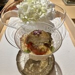 銀座 しのはら - 紫陽花　対馬鮑　積丹半島雲丹　白ずいき　滋賀県湖南市トマト　枝豆