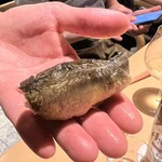 銀座 しのはら - 鮎塩焼きの握り　酢橘の酸味をまとい鮎の香りと優しい舎利でまとまりのよい寿司になりますね　初めての味わいに興奮してしまいました！