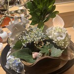 銀座 しのはら - 氷室神社の氷の柱にしめ縄や紫陽花が飾られた八寸は夏バテ防止に　備前焼とともにその美しさに見入ってしまいます