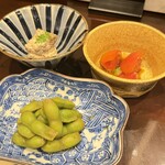 酒亭 田中 - おつまみ3品(枝豆山椒醤油漬け・アメーラトマト熟成黒酢・大徳寺麩胡麻和え)