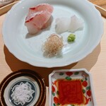 温石 - お造りは真ハタと泥障烏賊の二点盛り