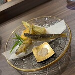 又一 - 稚鮎　とうもろこし　オクラ蟹詰め