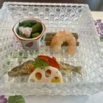 うなぎ 川松 - 前菜　鮎、牛蒡、えびその他