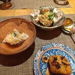 fu-fu shisen - 点心（エビと自家製発酵生姜のワンタン、マグロとセロリの水餃子、大根餅）