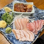 なかの食鶏 - お造り五種盛り合わせ(ささみ、むね、もも、ハツ、レバー) 1,580円