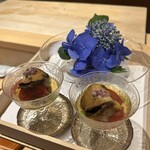 銀座 しのはら - 紫陽花〜鮑　雲丹　白ズイキ　トマト　枝豆　お出汁の煮凝り