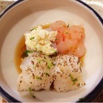 2014.8.  先付 『鱧の焼き霜 寿都産甘海老 自家製ポン酢』