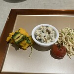 老虎菜 阪神梅田店 - ピクルスのようなゴーヤとカボチャペースト、白和え、ミニトマトコンポート　