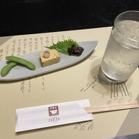 日本橋 伊勢重 - お通し① 枝豆、卵焼き、牛しぐれ