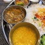 スパイス料理ナッラマナム - 上からヨーグルト、青唐マンゴーチキン、鯖味噌マスタードマサラ、ダルスープ