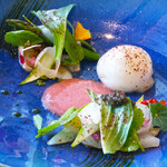 ヌーヴェル・エポック - ランチコース 14450円 の旬のいかのマリネとグリーンアスパラガスと春野菜のサラダ 梅のヴィネグレットソース