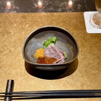 鉄板焼 雅 銀座 - サーロインのしゃぶしゃぶ 雲丹とポン酢のジュレがけ