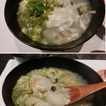 久壷庵 - ＜2014年9月＞「鮑の雑炊」。お汁が少し緑がかってるのはアワビの肝を裏ごししたのが入っているから。アワビがイッパイ入ってる～～～(*'v'*)/　美味し！！！