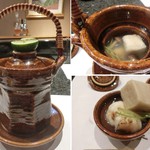 久壷庵 - ＜2014年9月＞土瓶蒸し。伊勢海老の焼き目の付いたのや、粟麩、蛤の葛タタキなどが入っています。
      具もお汁も美味しい～～＼(^o^)／