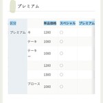 プレミアムカルビ - スペシャルコースとプレミアムコースの違い。①で見えた商品名をスクロールすると、この6商品をオーダーできるのがスペシャルコースだけと言うのが分かる図。