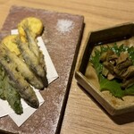 割烹 熊谷 - 稚鮎の天ぷら、わさび菜
