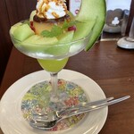 ロイヤルホスト - メロンのプリン・ア・ラ・モードパフェ　(下にあじさいのコースター)