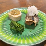 鮨 弥さか - あん肝(らっきょうの辛子味噌)、カマスの柚庵焼き、ニラのお浸し