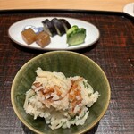 日本料理 鷹光 - 太刀魚　白まいたけ　生姜のご飯　おこげがいいです