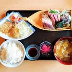 居酒屋 坪まる - おまかせ刺し盛り定食+アジフライ