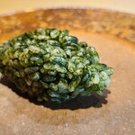 鮨 三心 - ⑲川海苔(熊本県天草市五和産)まぶしシャリ【追加】
      タップリの川海苔を混ぜたシャリ、その豊潤な香りと爽やかなな旨みが良くわかります
      紫雲丹が無い方が良いかもね