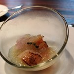 Ete - 2014年9月ﾗﾝﾁ　ほたて・赤海老・ツブ貝のジュレがけ　オクラや焼き茄子がかくれてて、和食チックな優しい仕上がりです