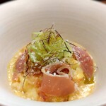 名前のないイタリア料理店 - 皮付きヤングコーン リゾット ハモンセラーノ　カルボナーラ