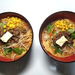 福山製麺所 - 旨麺 味噌 2人前(左)、1人前(右) トッピング追加