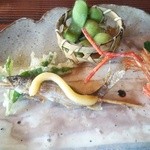 京亭 - 稚鮎天ぷら、川エビ唐揚げ、枝豆