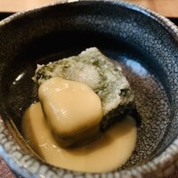 茜坂大沼 - ①【先付】
                      山形産春菊の揚げ豆腐、白味噌掛け