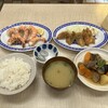 あじ盛食堂 - 生あじフライ、えびの塩焼き、おかず(長皿)、めし、貝汁