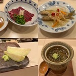 鮨さかもと - もうかざめの心臓、稚鮎の南蛮漬け、水茄子、鱧とじゅん菜の茶わん蒸し