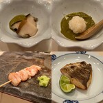 鮨さかもと - 煮あわび、あわびソースにシャリを入れて、甘えびのこぶ締めを半生で、えぼ鯛の酒盗焼き