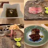 鮨さかもと - もずく、いさきの刺身、黒ムツの刺身、煮だこ