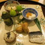 日本料理 太月 - 26年8月　柿・ありの実白和え、小芋、新銀杏、小茄子茶筅、生落花生、石川小芋、鰯梅煮