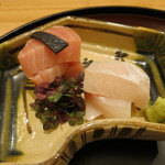 日本料理 太月 - 26年8月　お造り　北海道噴火湾メジマグロ、熟成大分天然カンパチ、水前寺海苔